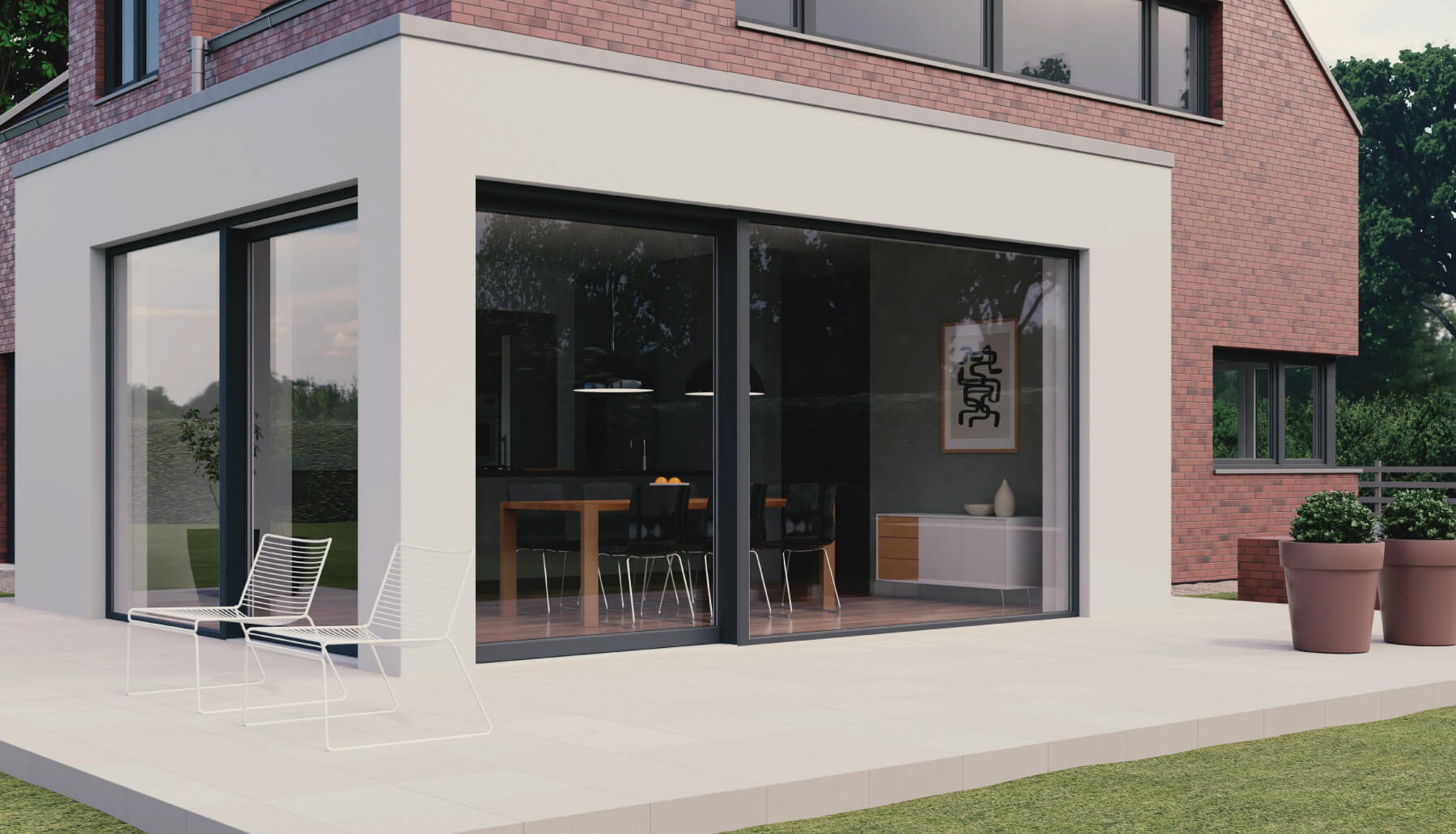 Elegancki taras z przesuwnymi drzwiami Veka w nowoczesnym domu.